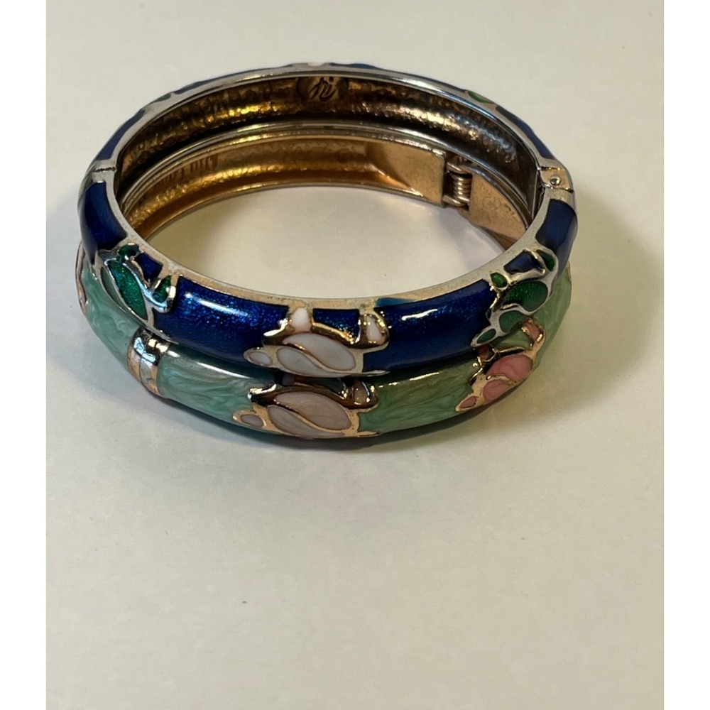 Jiu Long Xing Turtles Vintage Enamel Cloisonne Clamper Bracelet Lot of 2